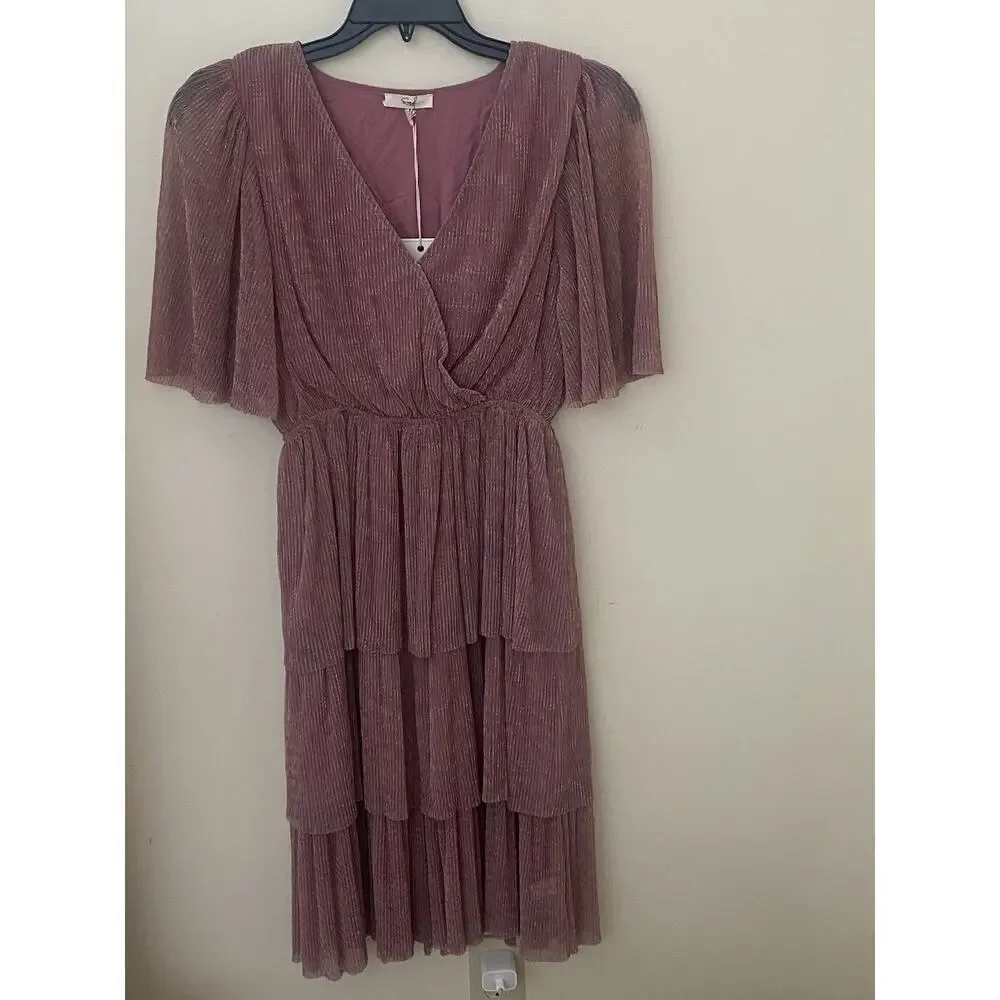 Easel Tiered Metallic Stripe Midi Dress‎ Size M Russet Pink Party Wedding - Picture 2 of 5